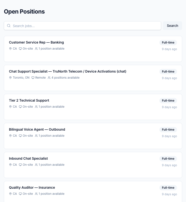 Public job board on the candidate portal — every open requisition with LOB, location, employment type, and onsite/remote/hybrid badges. Routes are tenant-scoped (/portal/[tenant]/careers) so each contact centre publishes under its own brand without a separate ATS.