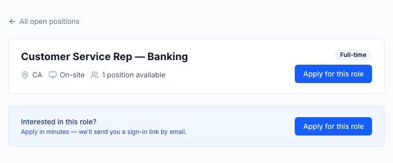 Job detail — role description, language requirements, and the Apply CTA. Candidates apply in-portal and the application flows directly into the recruiter ops queue tagged with the requisition's pipeline stage.