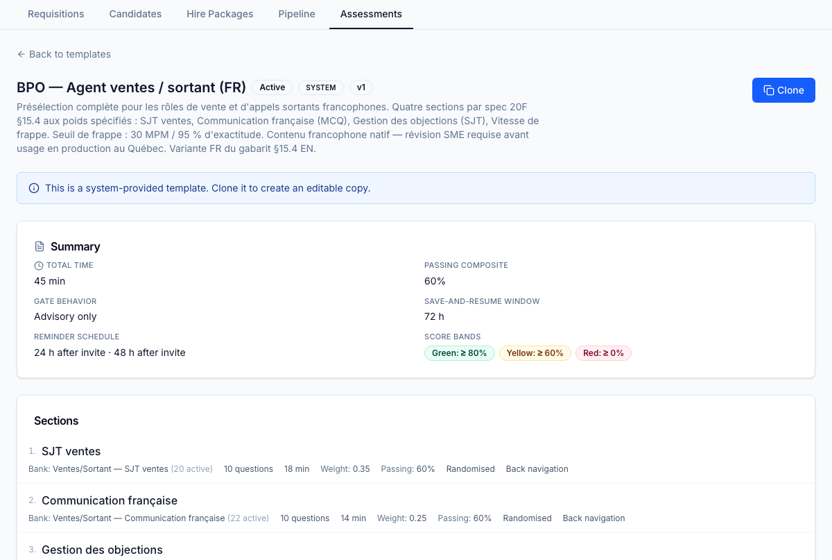 Template detail — section breakdown with weighted questions, time budgets, passing thresholds, randomisation, score bands, and reminder cadence. Clone a system template to author a custom variant without rebuilding from scratch.