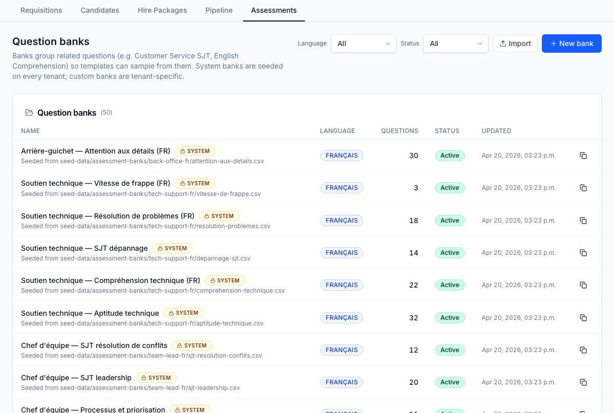 Question banks — author and curate questions once, reuse across templates. Banks are language- and skill-tagged so a single bank can feed multiple role-specific templates while keeping psychometric stats coherent.