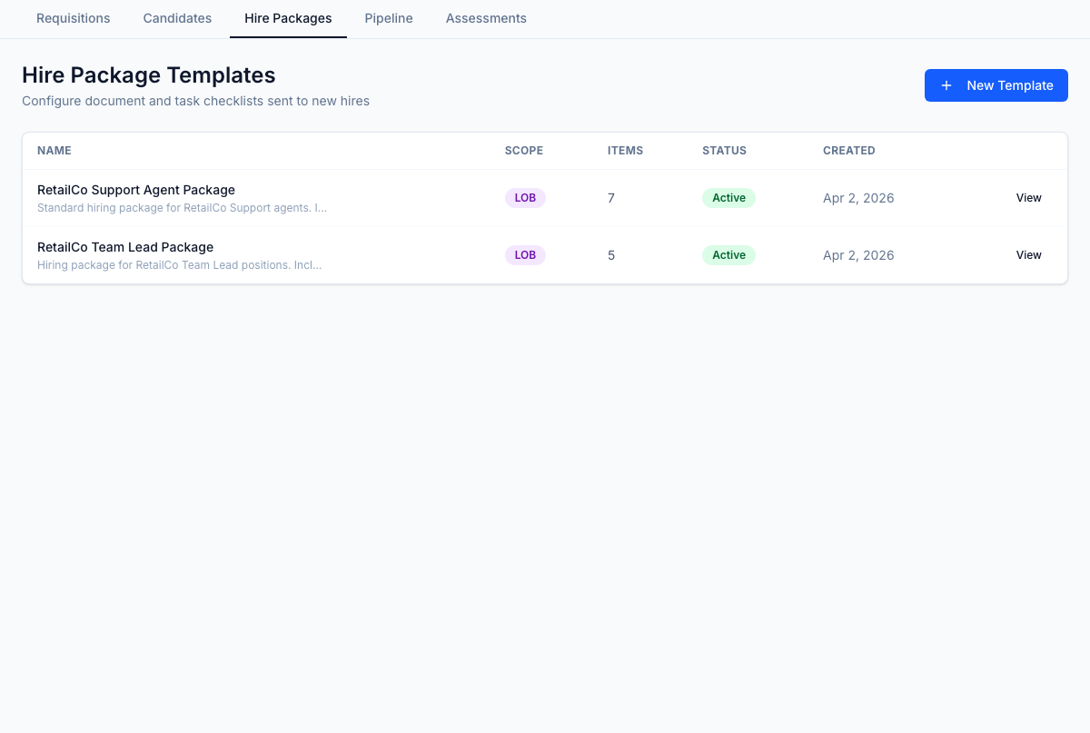 Hire-package templates — every offer-letter checklist (NDA, ID, policy ack, payroll forms) bundled per role and scoped per LOB.