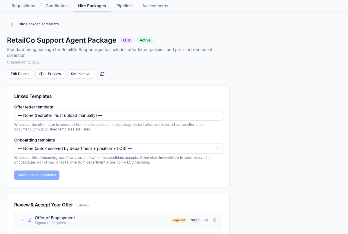 Template detail — the items new hires sign off, in the order they sign them, with the document templates and policies they reference.