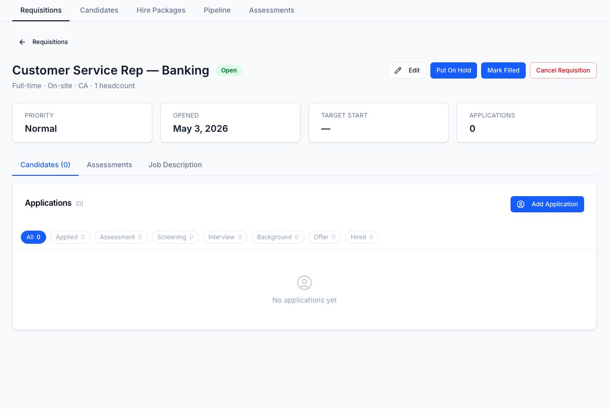 Requisition detail — full audit + scoring history, candidate pipeline, screening responses, and the assessment templates configured for this role.