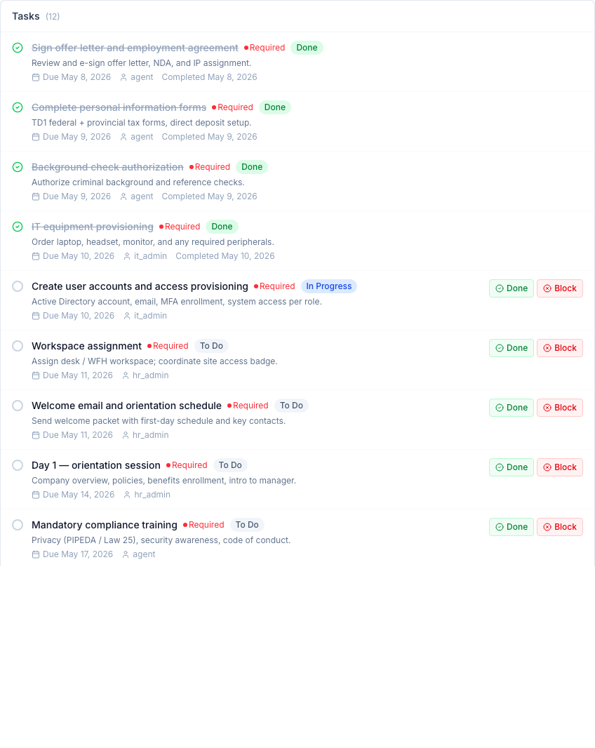 Tasks section on the onboarding instance — owner, due-by, completion status, and overdue flag per task. Assignees resolve to the right employee (manager, IT, HR) so the coordinator isn't manually chasing handoffs.