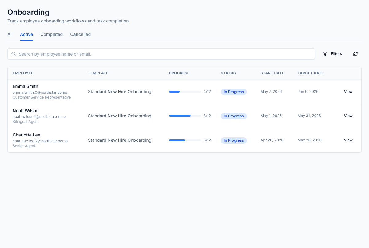 Onboarding queue — every new hire's instance from start to completion with task-progress bar and target start date.