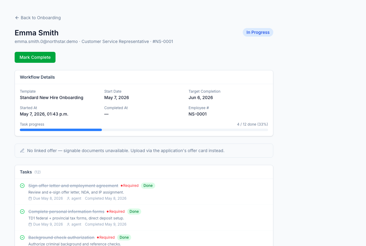 Instance detail — every required task, document, and policy acknowledgement with owner + due-by, surfaced for the coordinator who's unblocking the new hire.