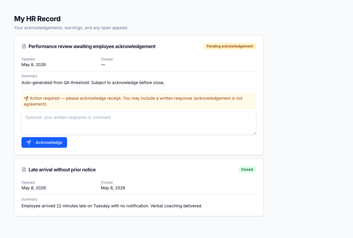 Employee self-view of "My HR Record" — the agent sees their PIPs alongside any other formal cases, with acknowledgement state and closure outcomes.