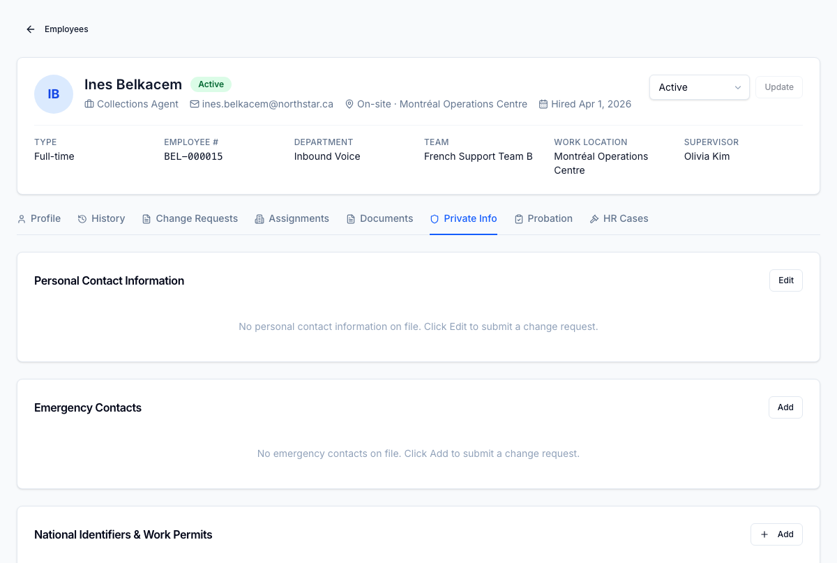 Private Info tab on the employee record — personal contact, emergency contacts, and country-aware national identifiers (SIN / SSN / work permit) in three sections, each gated by an explicit role and audited on every read.