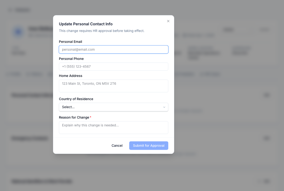 Structured change-request form — no direct PII writes. Field-level validation runs on submit; HR approves before the new value lands on the record, and the history table keeps the before / after snapshot for audit.