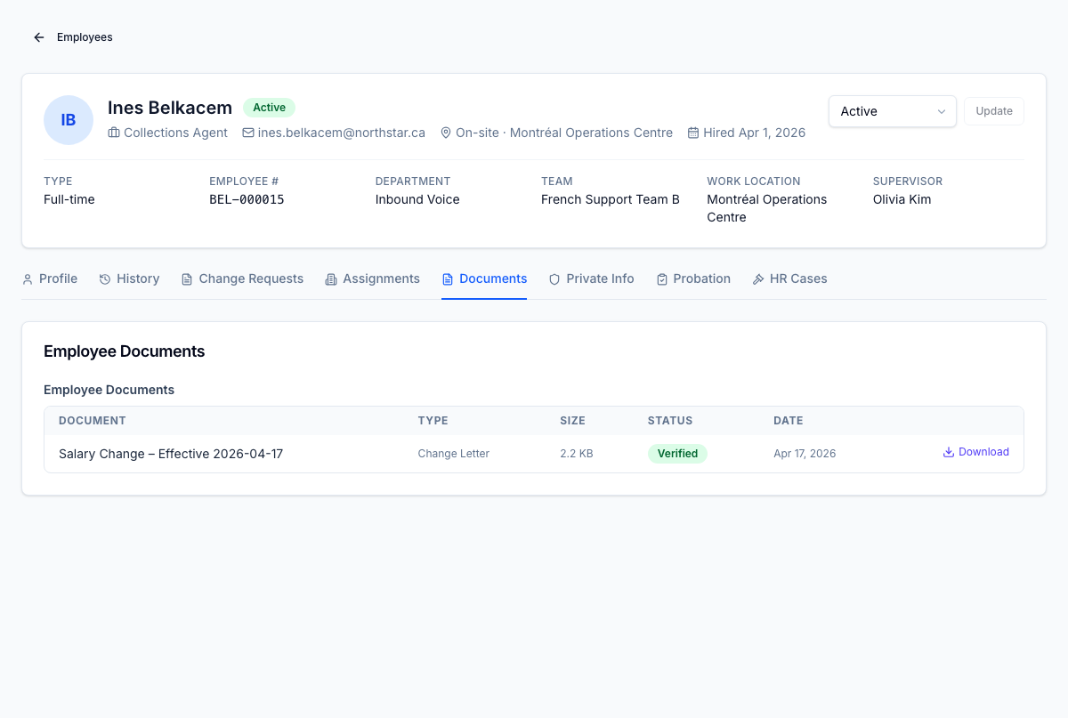 Sensitive HR documents (offer letters, signed acknowledgements, hire-package PDFs) live on the same employee record, tenant-isolated in S3 with role-gated downloads. Every fetch lands in the audit log.