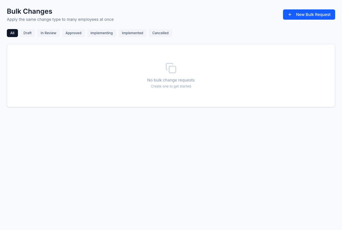Bulk change uploader — CSV imports for annual merit cycles and reorgs.