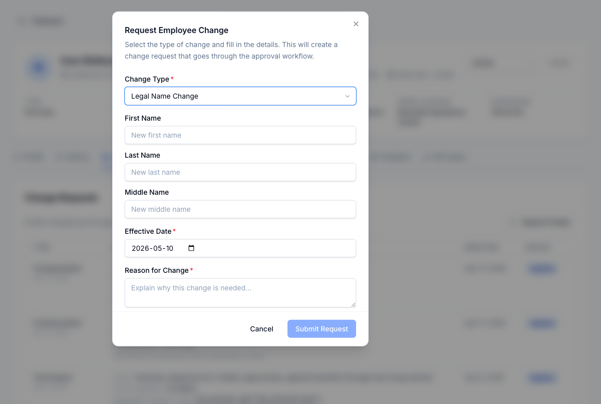 Sixteen change types — from salary and role to legal name and termination — each with type-specific fields and routing baked in.