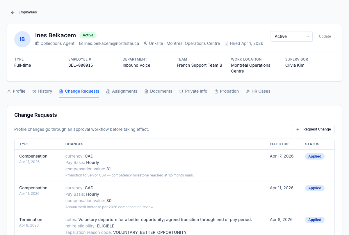 Per-employee Change Requests tab — pending, approved, applied, and rejected changes against this person, with full audit.