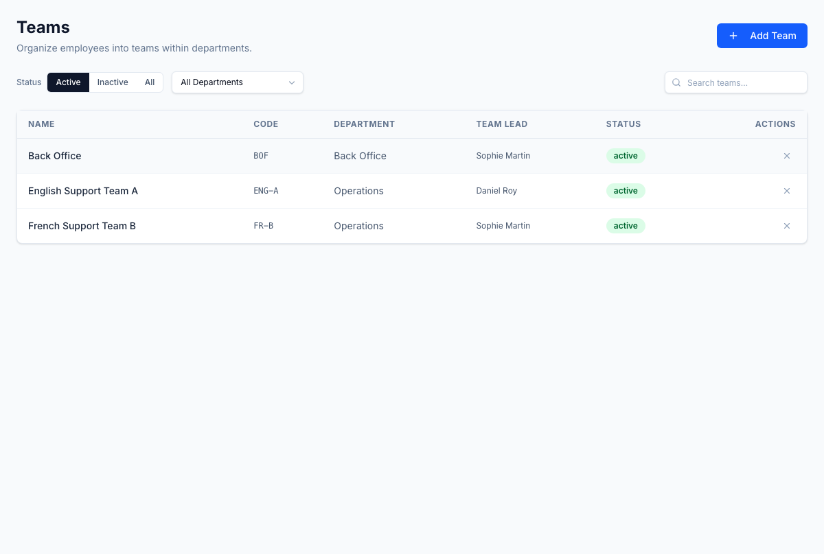 Teams — group employees within departments and assign team leads. Used by scheduling, QA sampling, and approval routing.