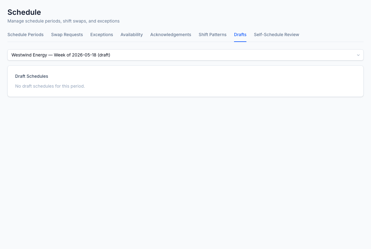 Schedule optimization drafts — the solver's proposed roster grids with fitness scores; planners audit, refine, and publish what passes the labour-compliance gate.