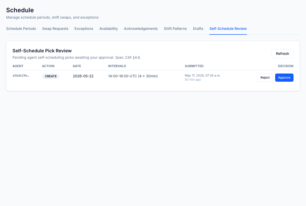 Self-Schedule Review (planner) — agent-submitted picks routed to PENDING_APPROVAL with approve / reject actions and SLA auto-reject when planners don't act in time. Every decision audited.