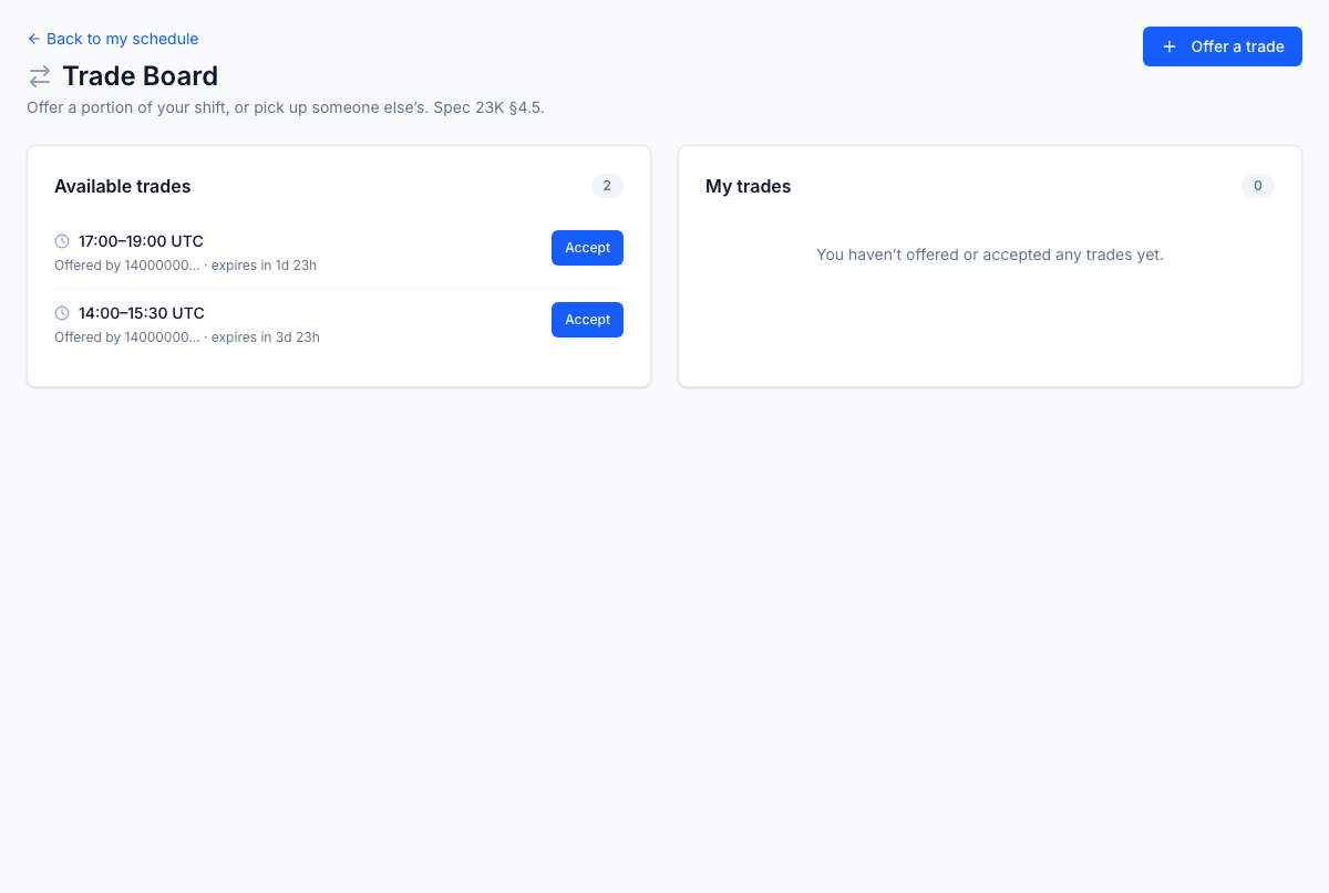 Trade Board — offer leading or trailing slices of your own shift, accept trades from agents you're eligible to back-fill, withdraw your own offers. LOB-eligibility filtered so agents only see trades they could actually commit.