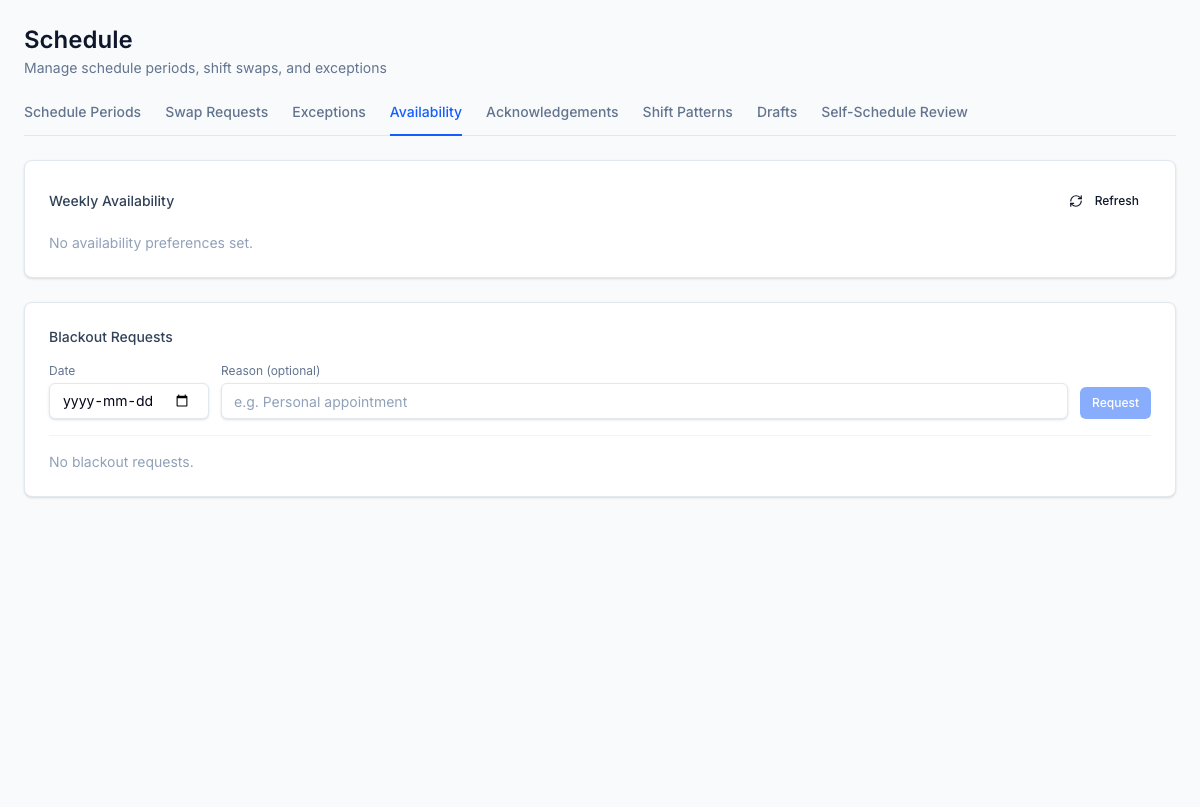 Availability + blackout windows — every agent's recurring availability and one-off blackouts that drive the bidding awards on configured priority rules.