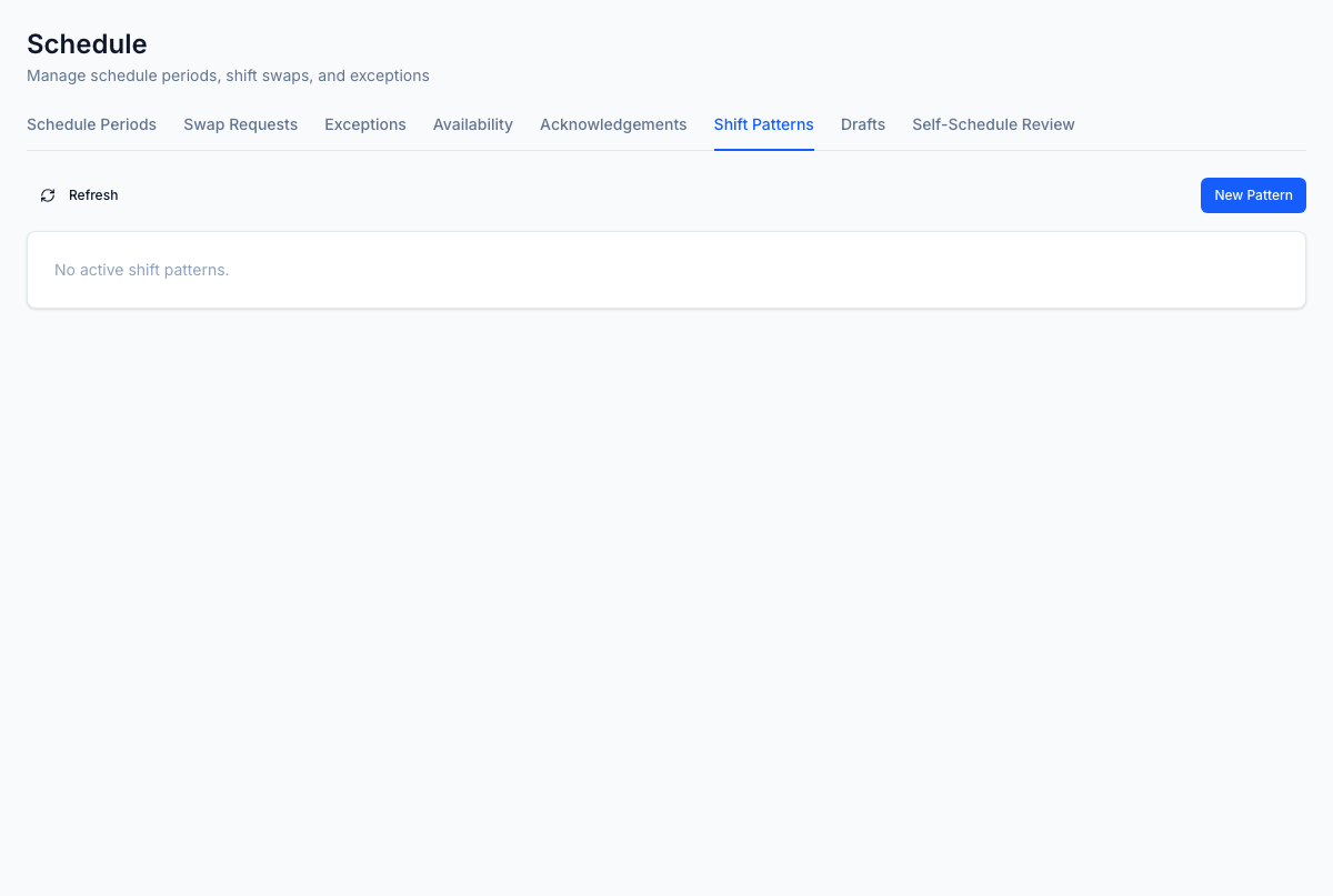 Shift patterns library — recurring shift templates that drive roster generation; new hires drop into an active pattern automatically by site + LOB.