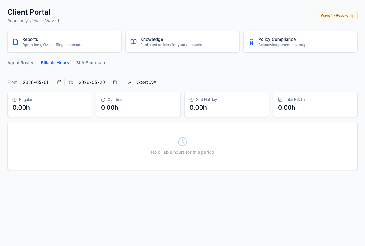 Billable Hours — regular, overtime, and stat-holiday breakdown by client account and LOB. Totals at the row level so a client AP analyst can reconcile against an invoice without exporting. Derives live from spec 23D T&A actuals — one source for both billing and the portal.