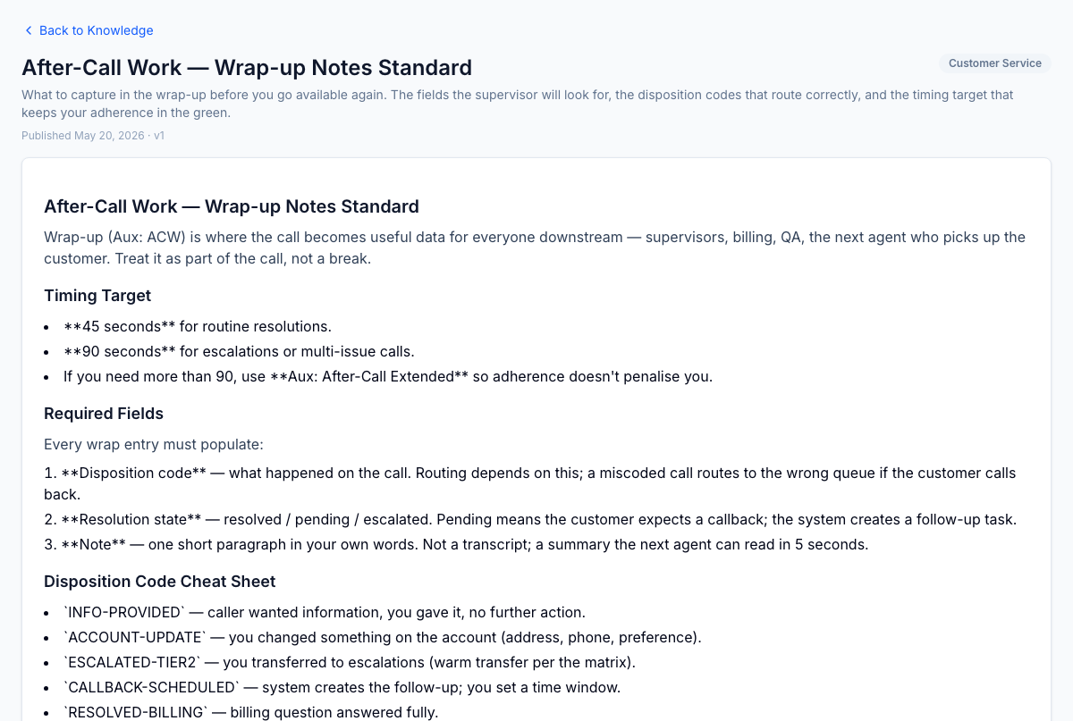 Article detail — full markdown body with the published-at timestamp and version. Drafts and archived versions filtered out at the API layer — not the UI — so a client can't surface in-progress work by inspecting the network panel.