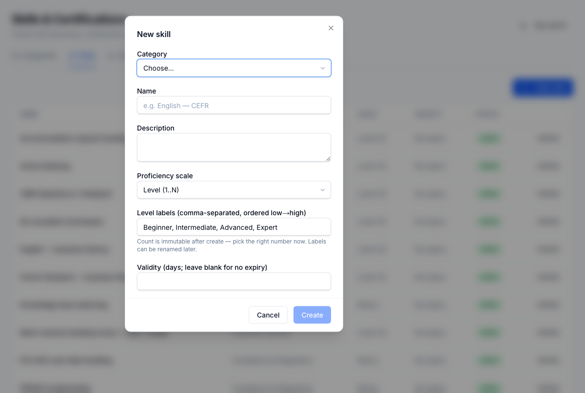 New skill dialog — pick category, set proficiency scale (binary or level), and for level-scale skills enter the custom level labels (e.g. Beginner, Intermediate, Advanced, Expert). Validity period in days sets the automatic-decay clock; omit for skills that don't expire. Level count is immutable after create; labels can be renamed later.