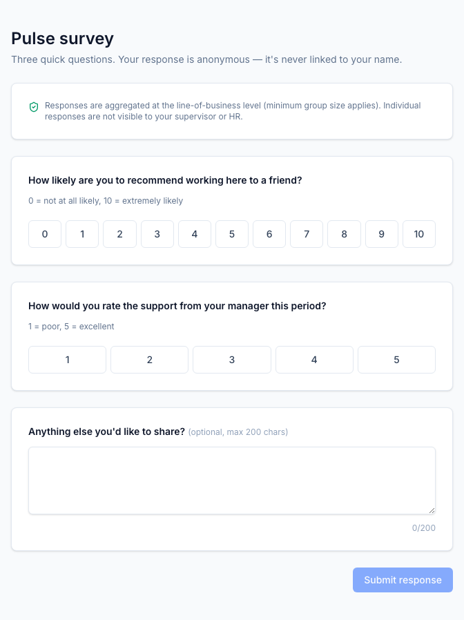 What an agent sees — the pulse opens from a token-based link with no login and no app chrome, which keeps it feeling anonymous. Three quick questions (eNPS, a manager-support rating, and an optional comment) sit above a notice that responses are aggregated at the line-of-business level with a minimum group size, and are never shown individually to a supervisor or HR.