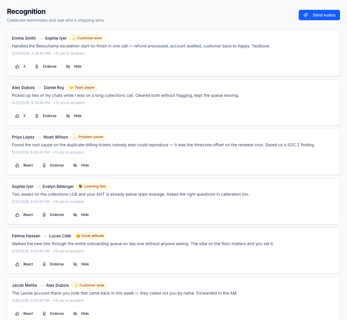 /recognition — reverse-chronological tenant kudos feed. Each kudos carries sender, recipient, category badge with emoji, message, points awarded, and inline react / endorse / hide controls. Recipient and sender both earn points via the spec 27A gamification event bus.