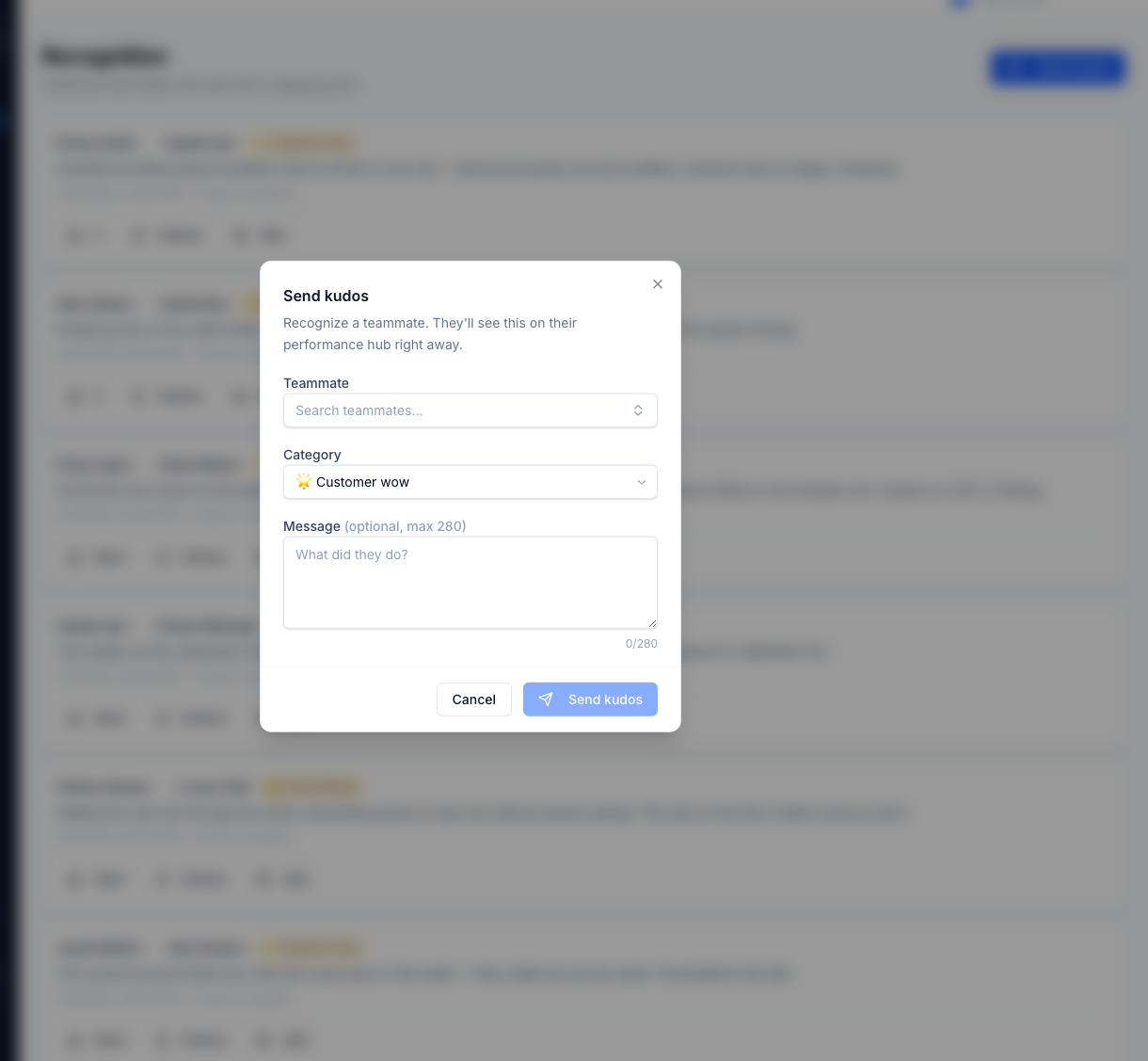 Send-kudos dialog — pick a recipient, choose a category (Customer Wow, Team Player, Problem Solver, Great Attitude, Learning Fast, Quality Champion, plus tenant-defined custom categories), add up to 280 characters. Tenant cap defaults to three sends per agent per day; HR can raise it to ten.