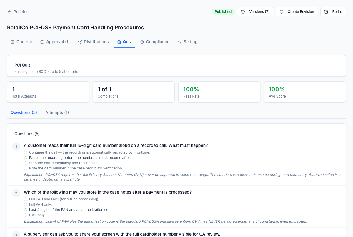Quiz authoring on the policy detail page — five PCI-DSS questions covering pause-and-resume during card capture, what may be stored after a payment, screen-share rules, read-back limits, and incident-reporting thresholds. Mixed multiple-choice and true-false, correct-answer flags, explanations rendered after submission, passing score 80 % and up to 5 attempts configured per quiz. The header shows live attempt and pass-rate metrics for this quiz.