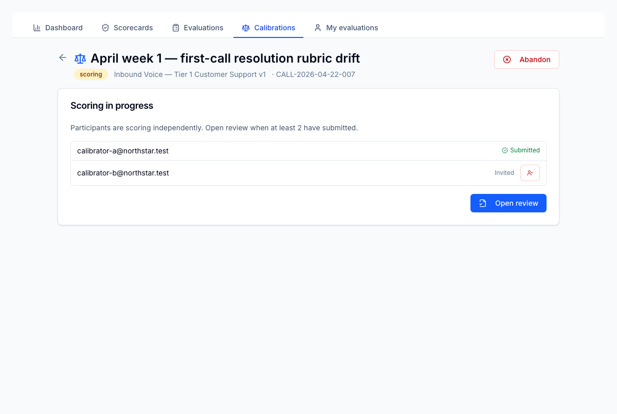 Session detail — blind scores per evaluator, variance analysis, discussion notes, and the resolution outcome that becomes the calibration record.