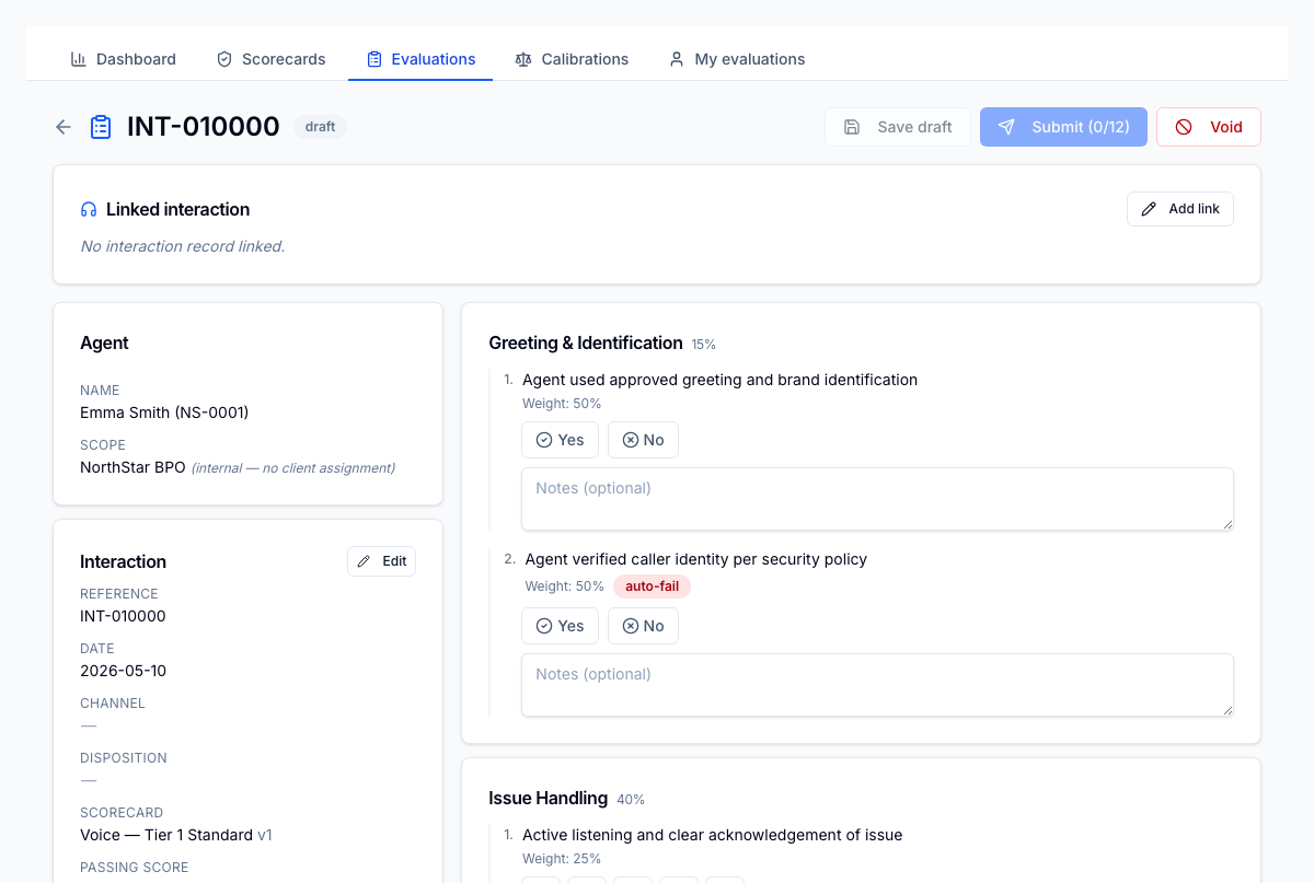 Evaluation detail — section-by-section scoring against the published scorecard, agent dispute window, and the resolution timeline.