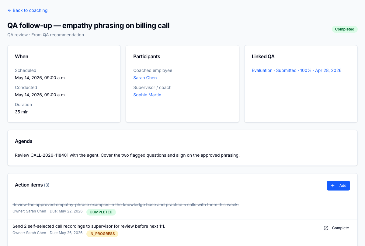 Coaching session detail — action items with deadlines, training module attachments, and agent acknowledgement timestamps. The acknowledgement timestamp is the audit anchor when HR asks 'did the agent see this coaching.'