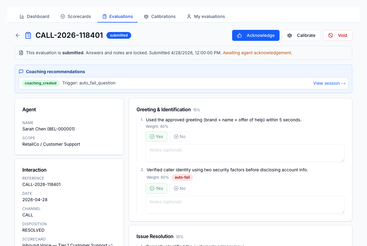 QA evaluation with coaching recommendation panel — when an evaluator flags a gap, the recommended training module attaches as a coaching action item and lands in the agent's queue automatically. Completion bridges back so the QA evaluator sees the loop closed.