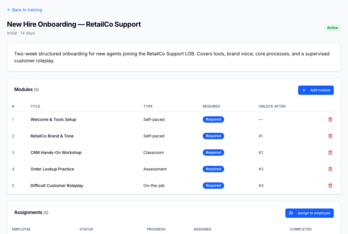 Plan detail — module attach order, prerequisites, per-assignment progress, and audit-grade change history. Module completions auto-update the parent plan's progress_pct; trainers see live cohort progress, not stale spreadsheet snapshots.