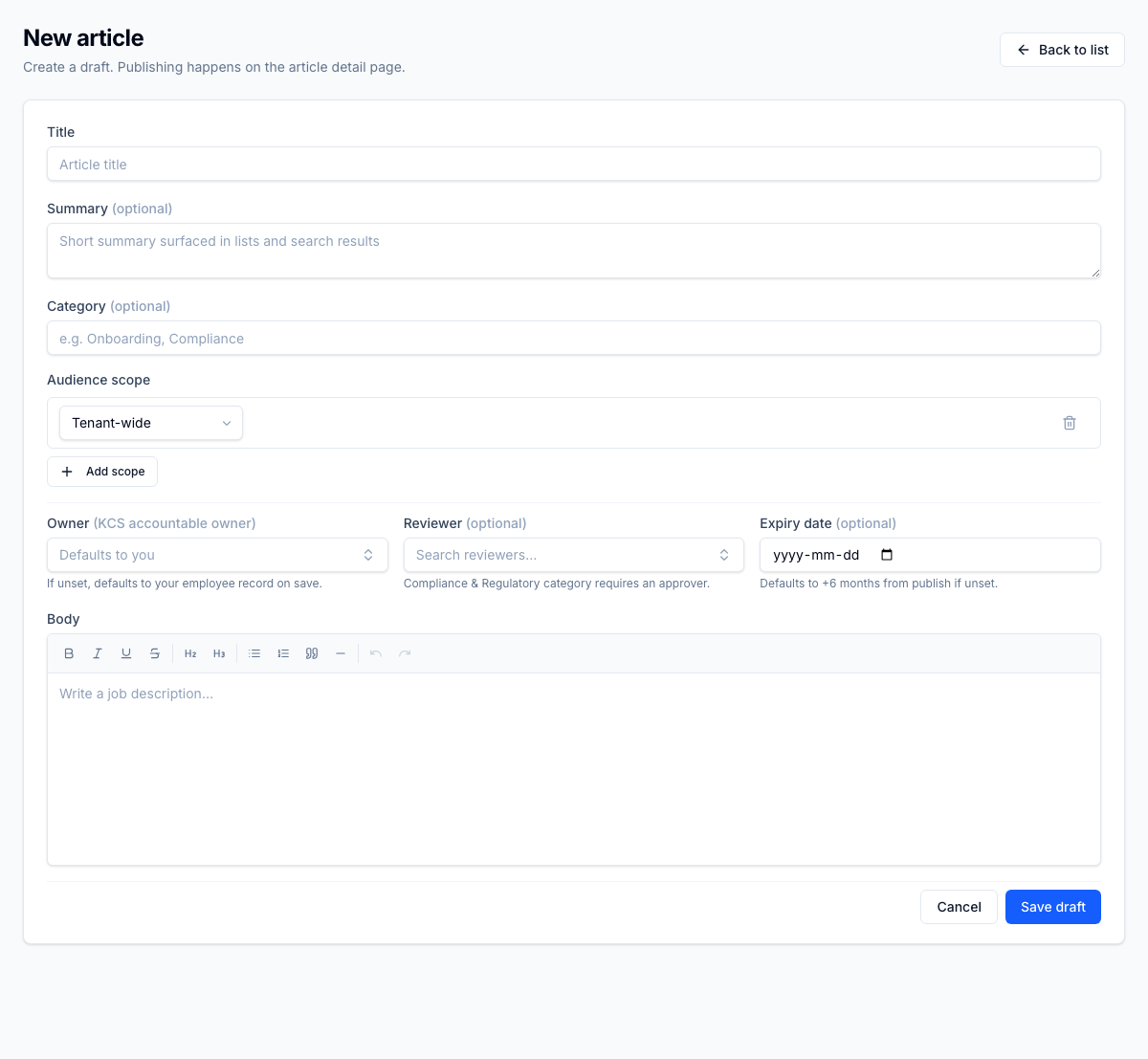 Category field on the article editor — typed-in taxonomy with the system + tenant category tree behind it. The Reviewer help line below surfaces the rule that ties taxonomy to workflow: "Compliance & Regulatory category requires an approver" before publish. One taxonomy drives the list column, the search ranking, the client-portal browse filter, and the compliance gate.