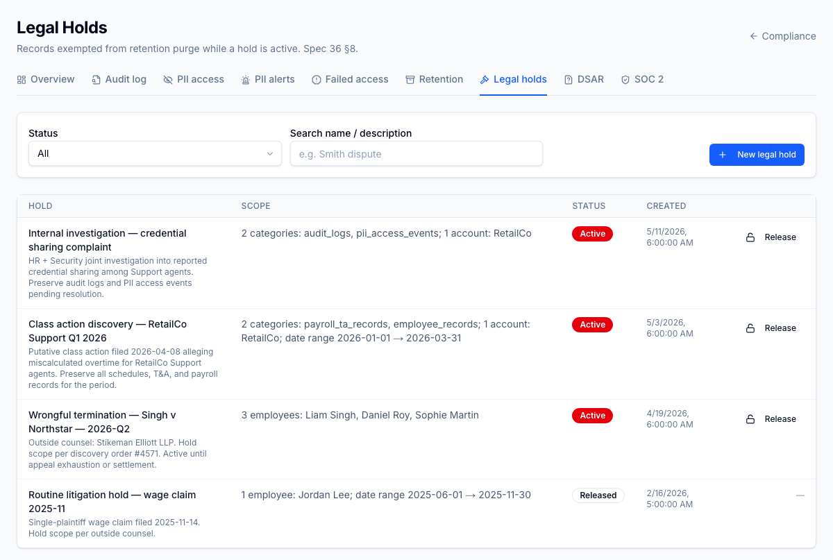 Legal hold management — place a hold on specific employees, candidates, or resource types and retention purges automatically skip those records until the hold is released. Each hold carries a case reference, scope, custodian, and audit trail of every retention run that respected it.