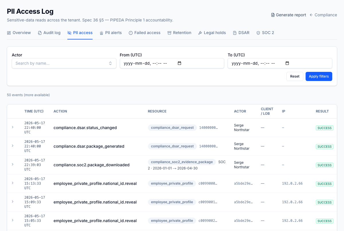 PII access log — every read of national ID, home address, emergency contact, etc. logged with the actor, target employee, timestamp, and (when purpose annotation is enabled) the stated business reason. Same filters as the unified audit log, scoped to PII actions.