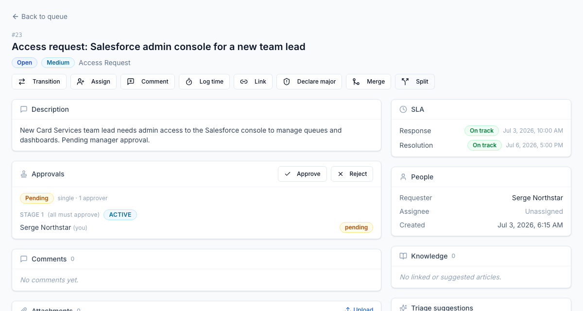 Access requests route through a manager approval before fulfilment: approve, reject, or delegate right on the ticket.