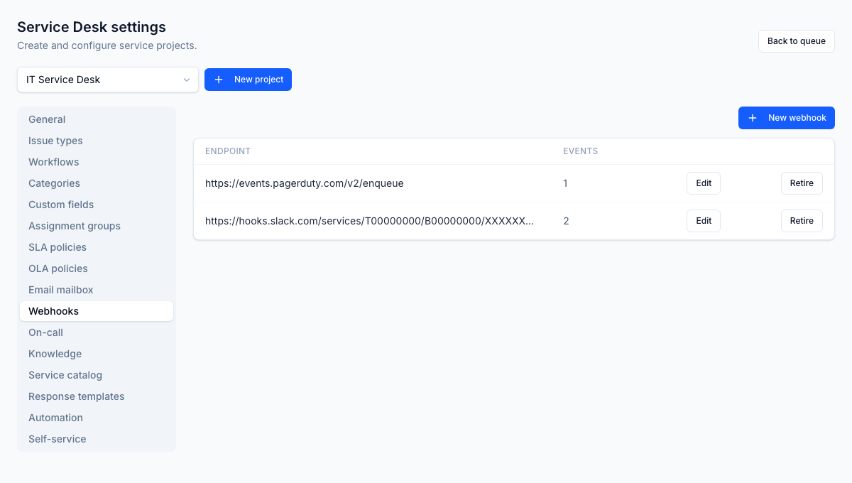 Outbound webhooks push ticket and incident events to Slack, PagerDuty, or any endpoint, with signed payloads.