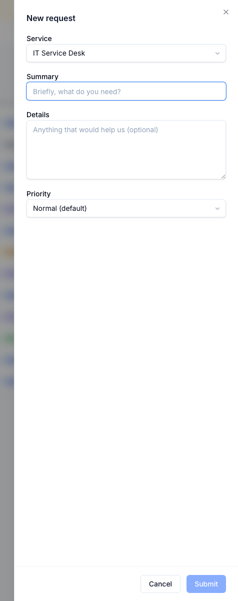 Submitting a request is a short form: pick a service, describe the issue, and the desk takes it from there.