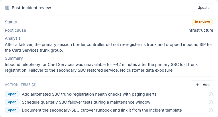 Afterwards, a post-incident review records root cause and tracked action items so the same outage does not recur.