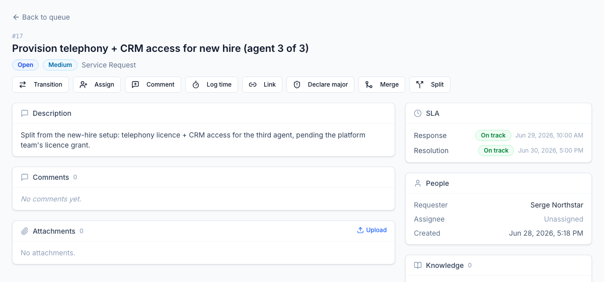 Split a broad request into linked sub-tickets that can be owned and resolved independently.