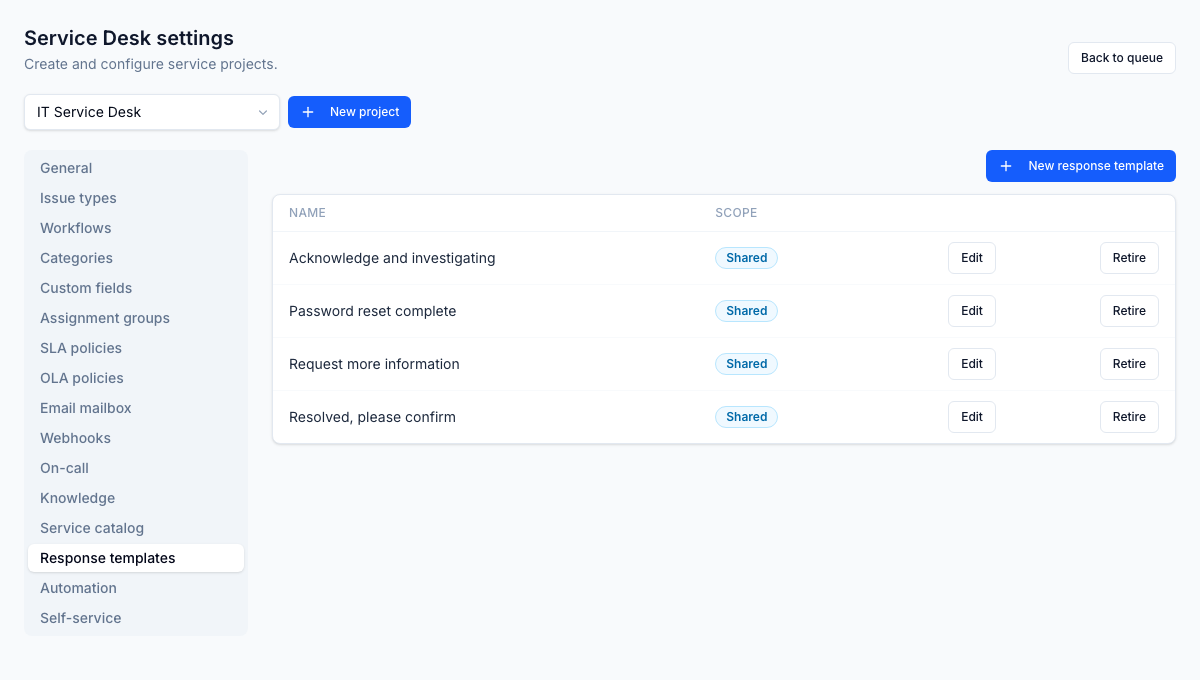 Saved reply templates keep answers consistent and fast: agents apply a macro instead of retyping the same response.