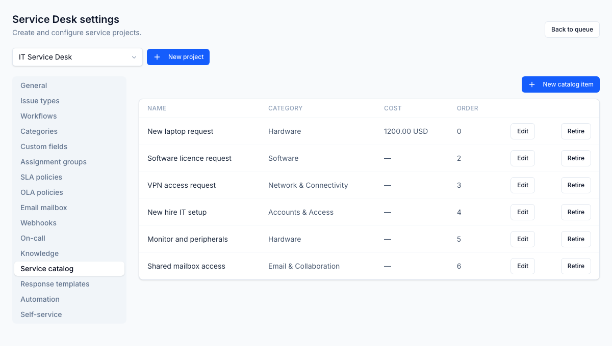 Admins define each catalog item once: its category, fulfilment target, and approval and routing rules.