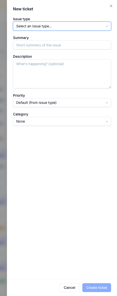 Raising a ticket captures issue type, priority, and category, which drive routing and start the SLA clock.