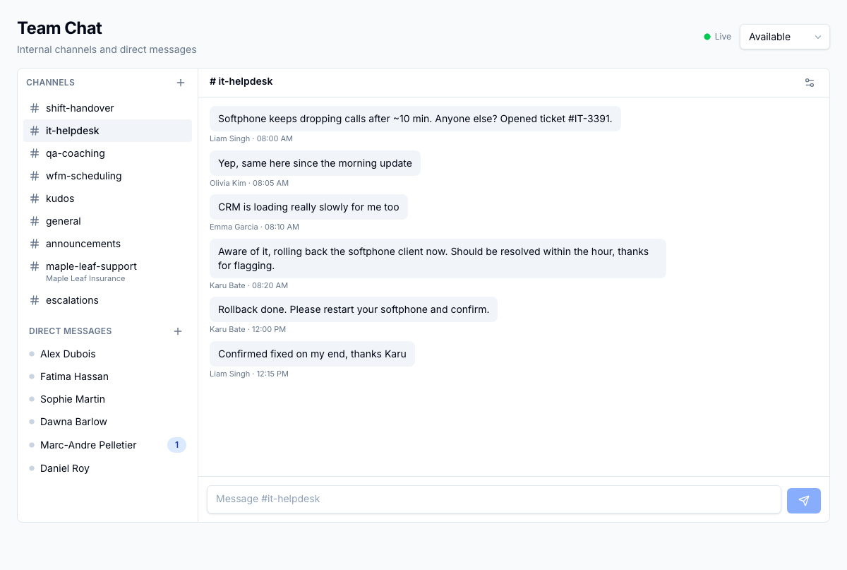 Team channels and one-to-one direct messages in one place, with a live conversation open and both lists in the sidebar.