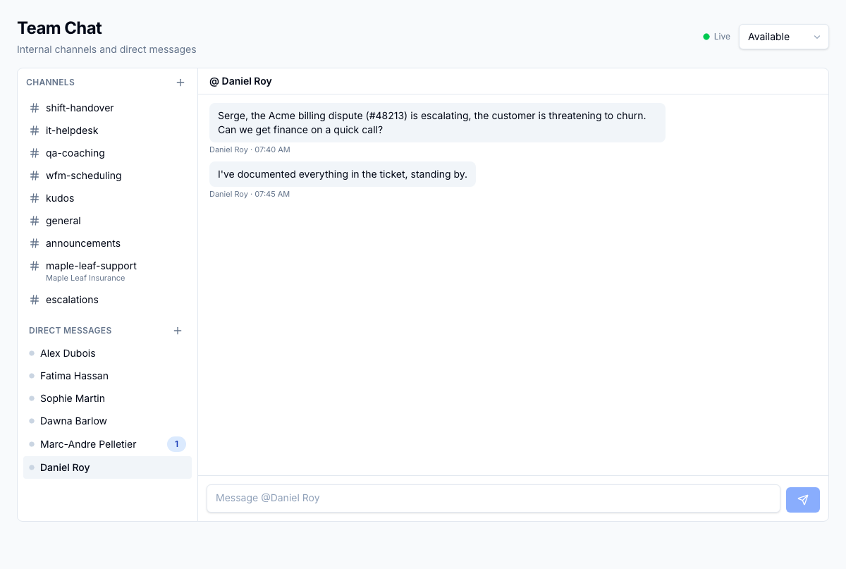 A direct message thread, with each teammate's presence and unread counts down the sidebar.
