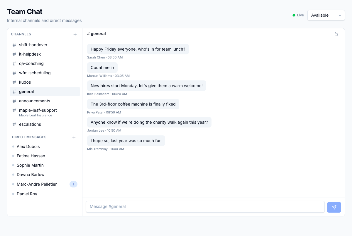 Messages arrive in real time, and presence shows who is online and available to take work right now.