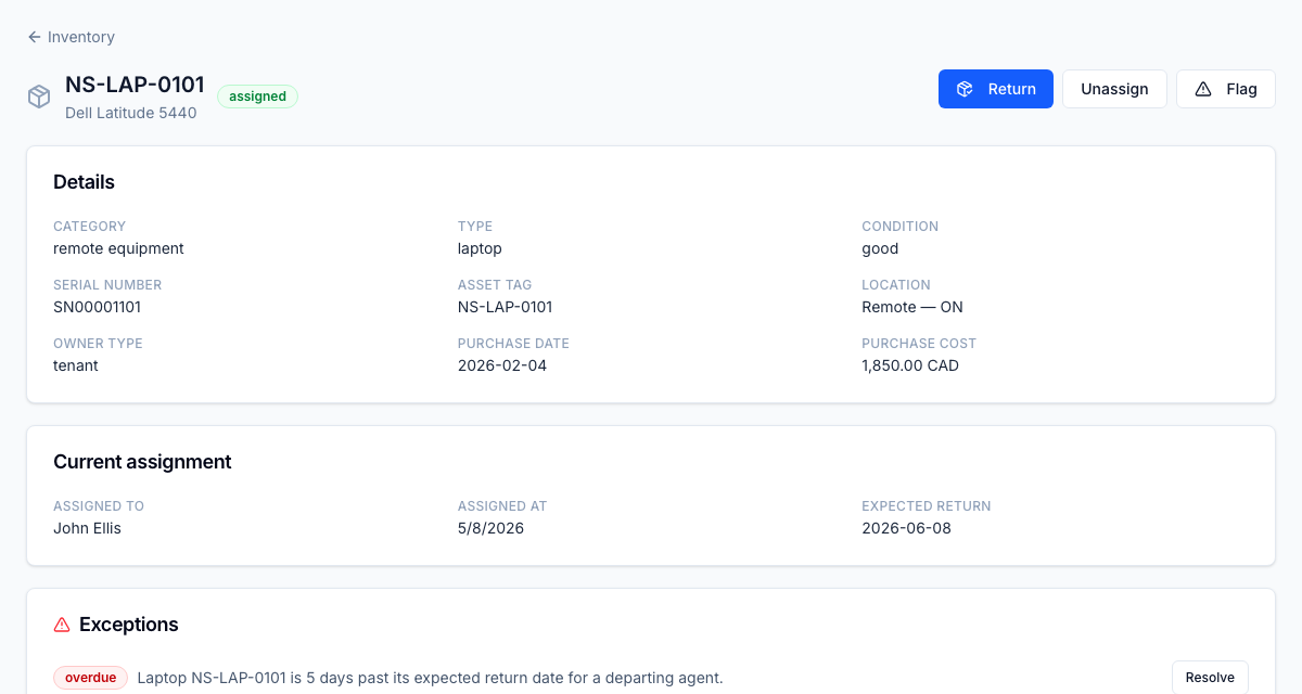 Asset detail — current state, owner, location, and warranty, with the eight-state lifecycle that governs which moves are legal next.